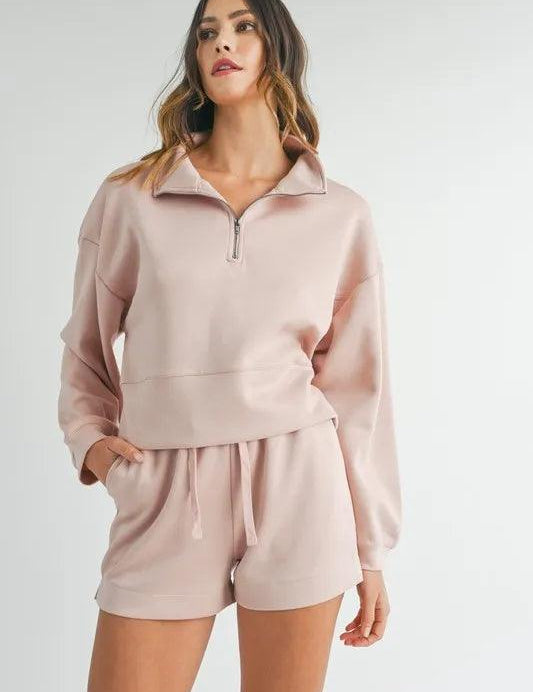 Pink S MABLE Half Zip Sweatshirt and Shorts Set | Outfit Sets Daverri Fashions