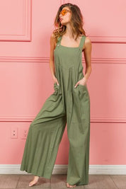 BiBi Ruched Wide Leg Overalls with Pockets Overalls