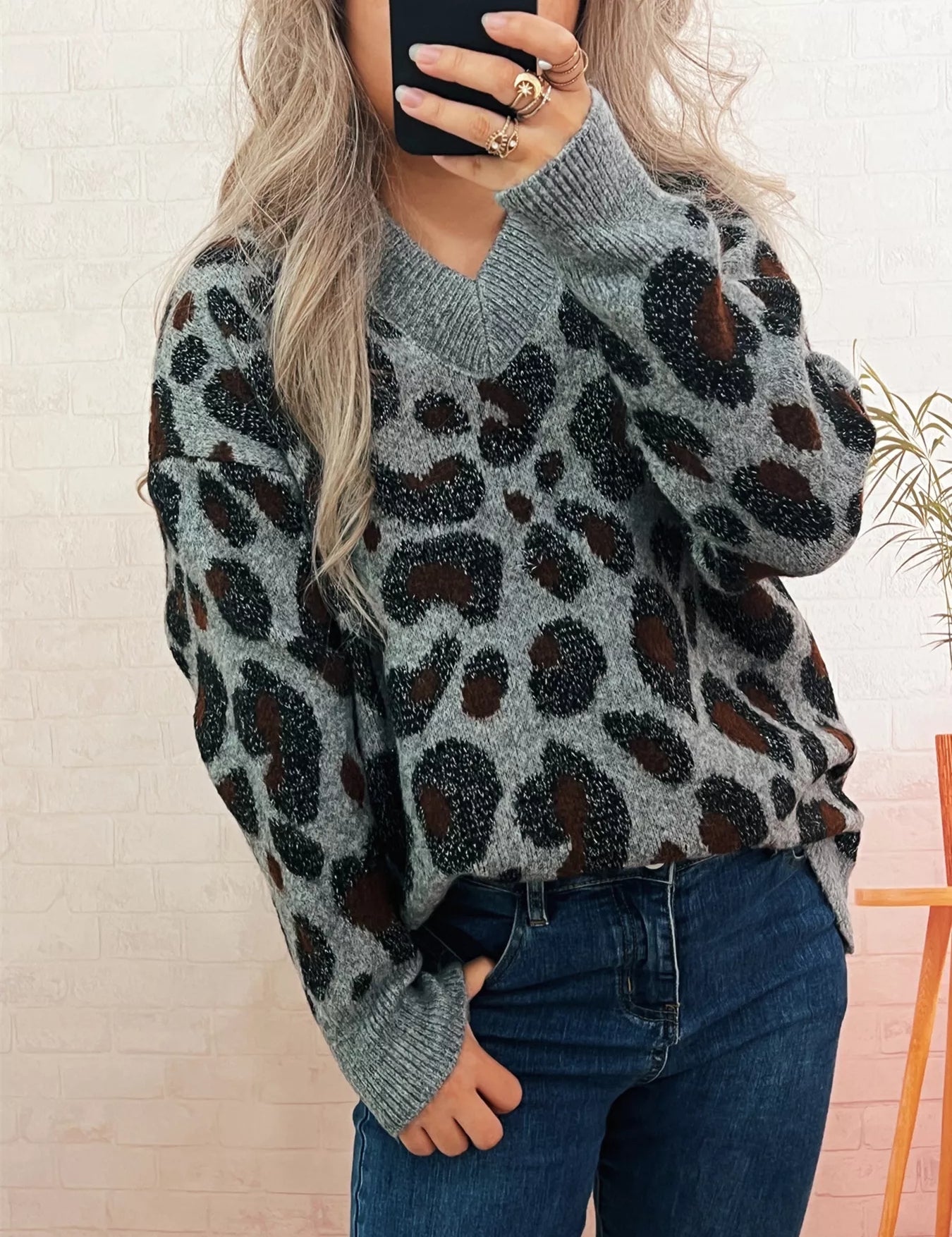 Gray One Size Leopard V-Neck Drop Shoulder Sweater | Sweaters Daverri Fashions