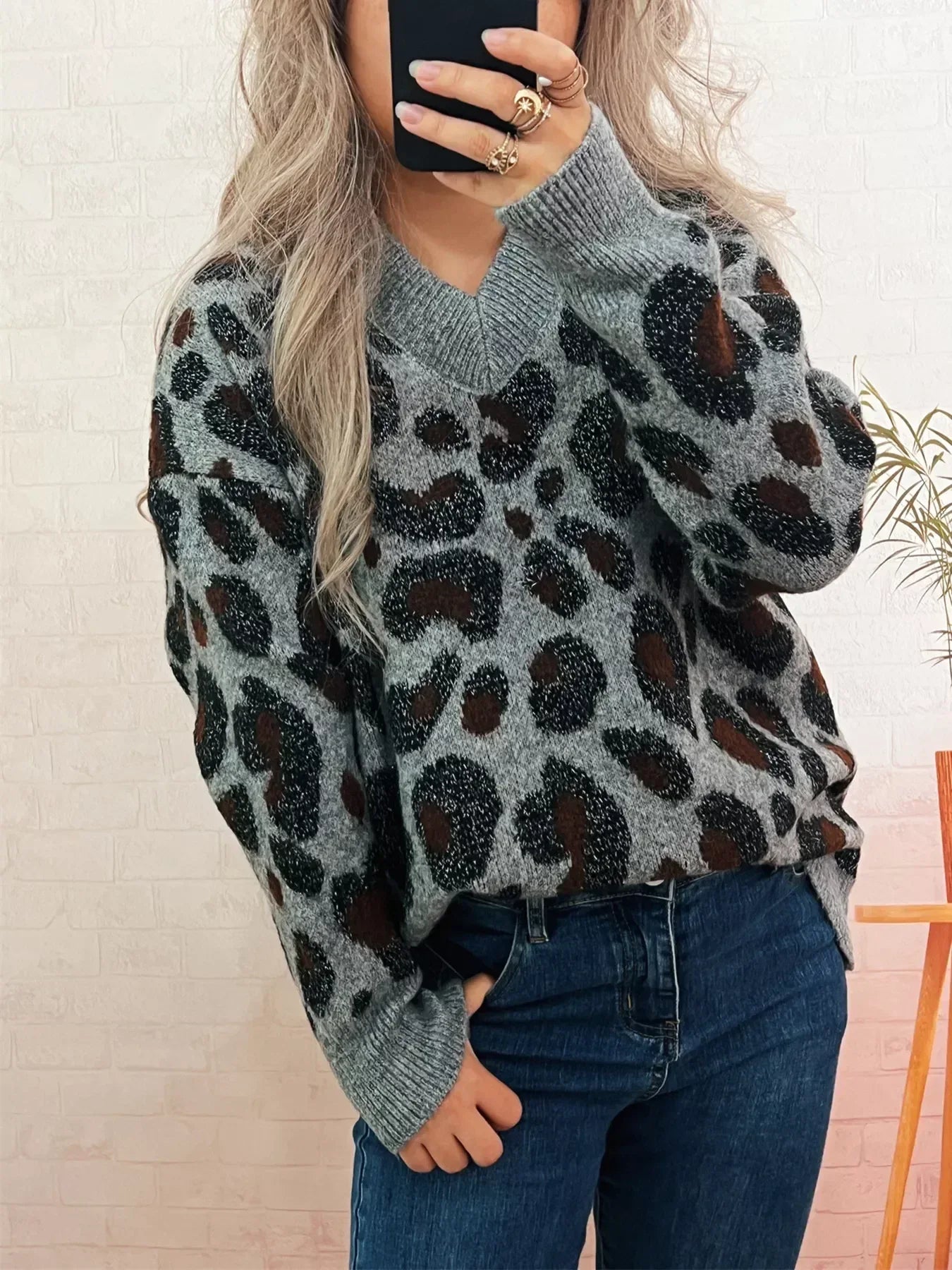 Leopard V-Neck Drop Shoulder Sweater - DAVERRI FASHIONS