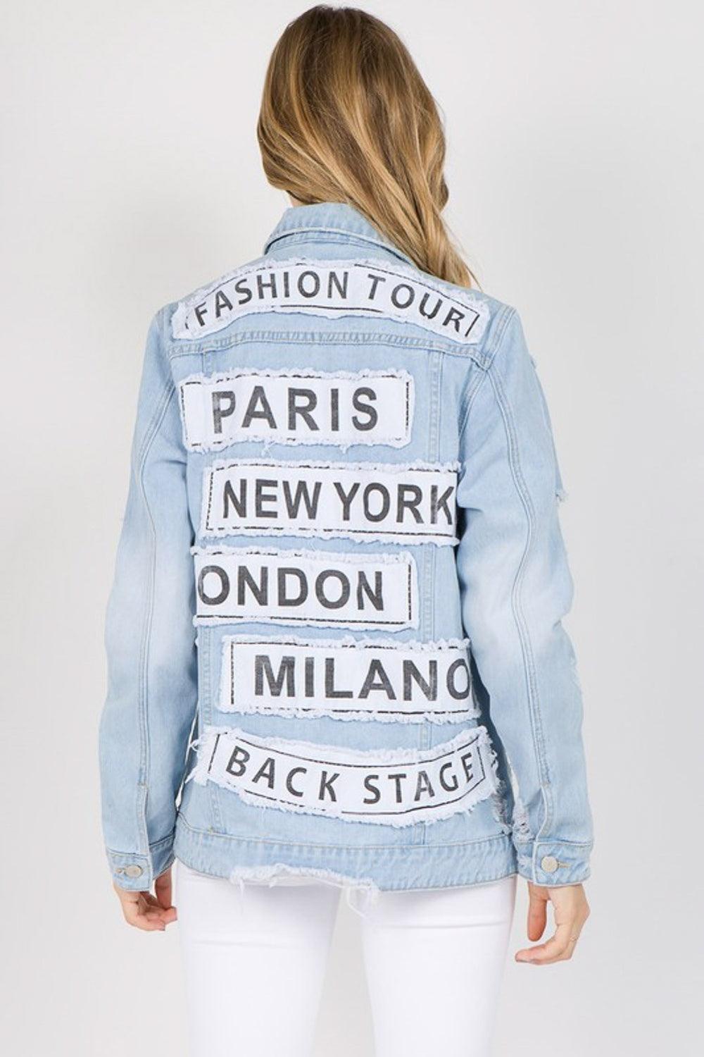 American Bazi Letter Patched Distressed Denim Jacket Light Blue S Jackets