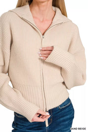Zenana Ribbed Collared Zip Up Sweater Cardigan | Daverri Fashions