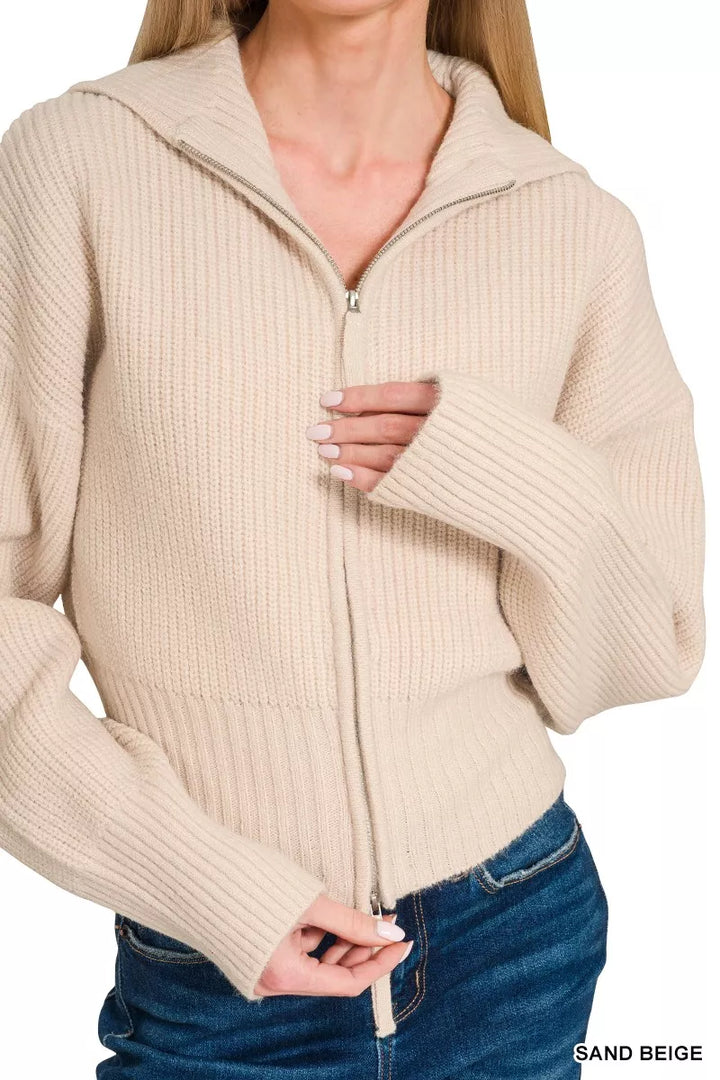 Zenana Ribbed Collared Zip Up Sweater Cardigan | Daverri Fashions