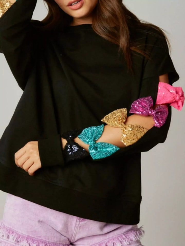 Sequin Bow Cutout Round Neck Sweatshirt | Sweatshirts Daverri Fashions