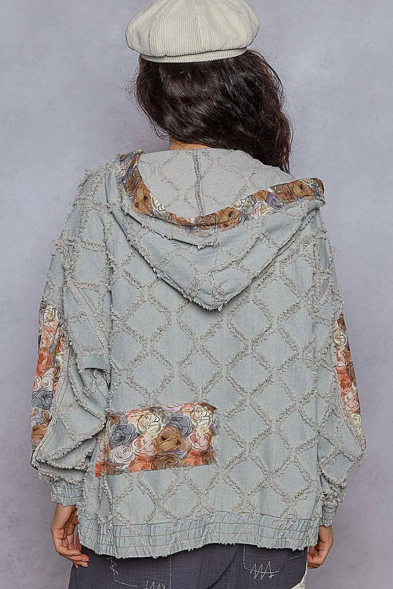 POL Zip Up Floral and Lace Patch Washed Denim Jacket Denim Jackets