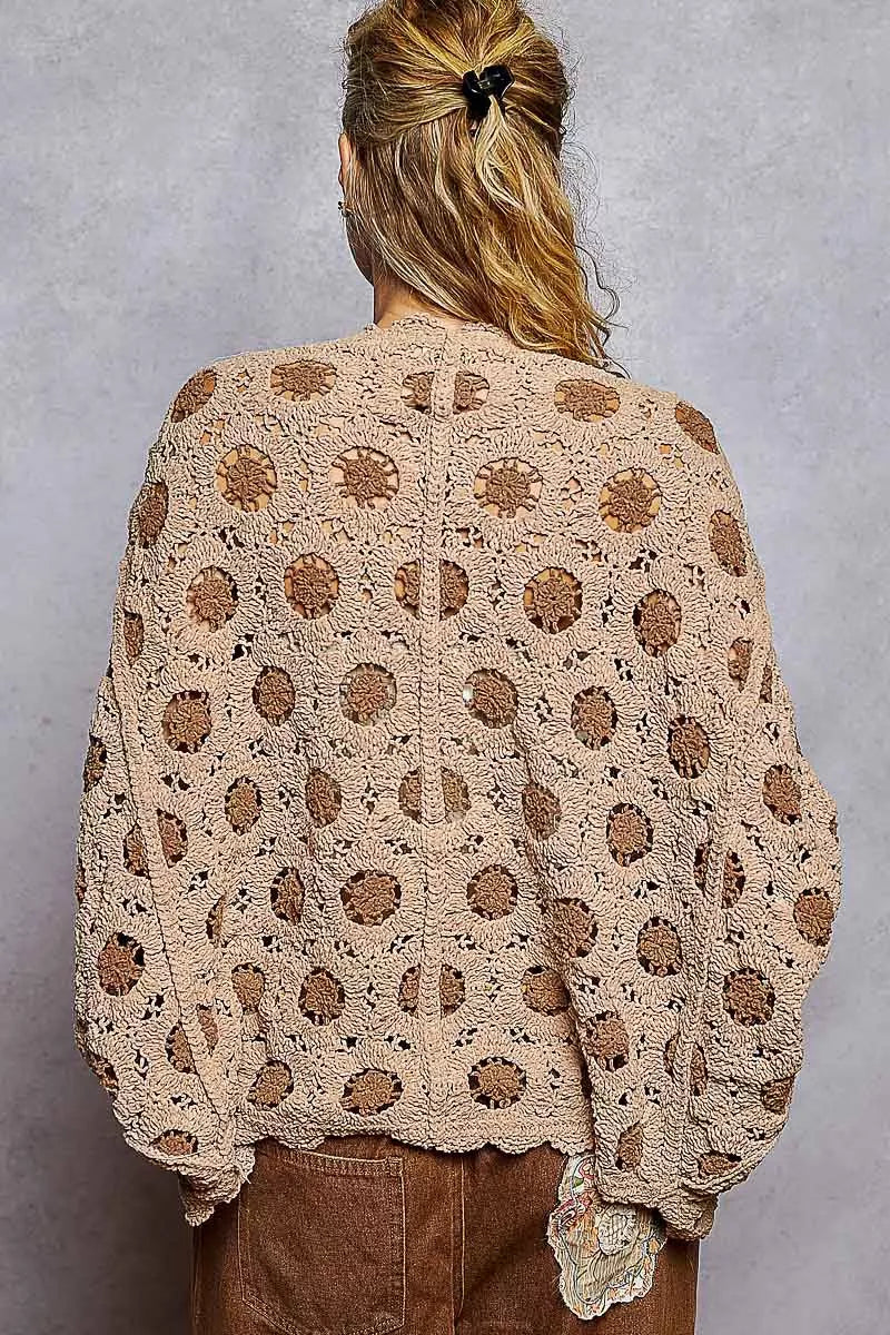 POL Openwork V-Neck Chenille Cardigan with Contrast Floral | Daverri Fashions