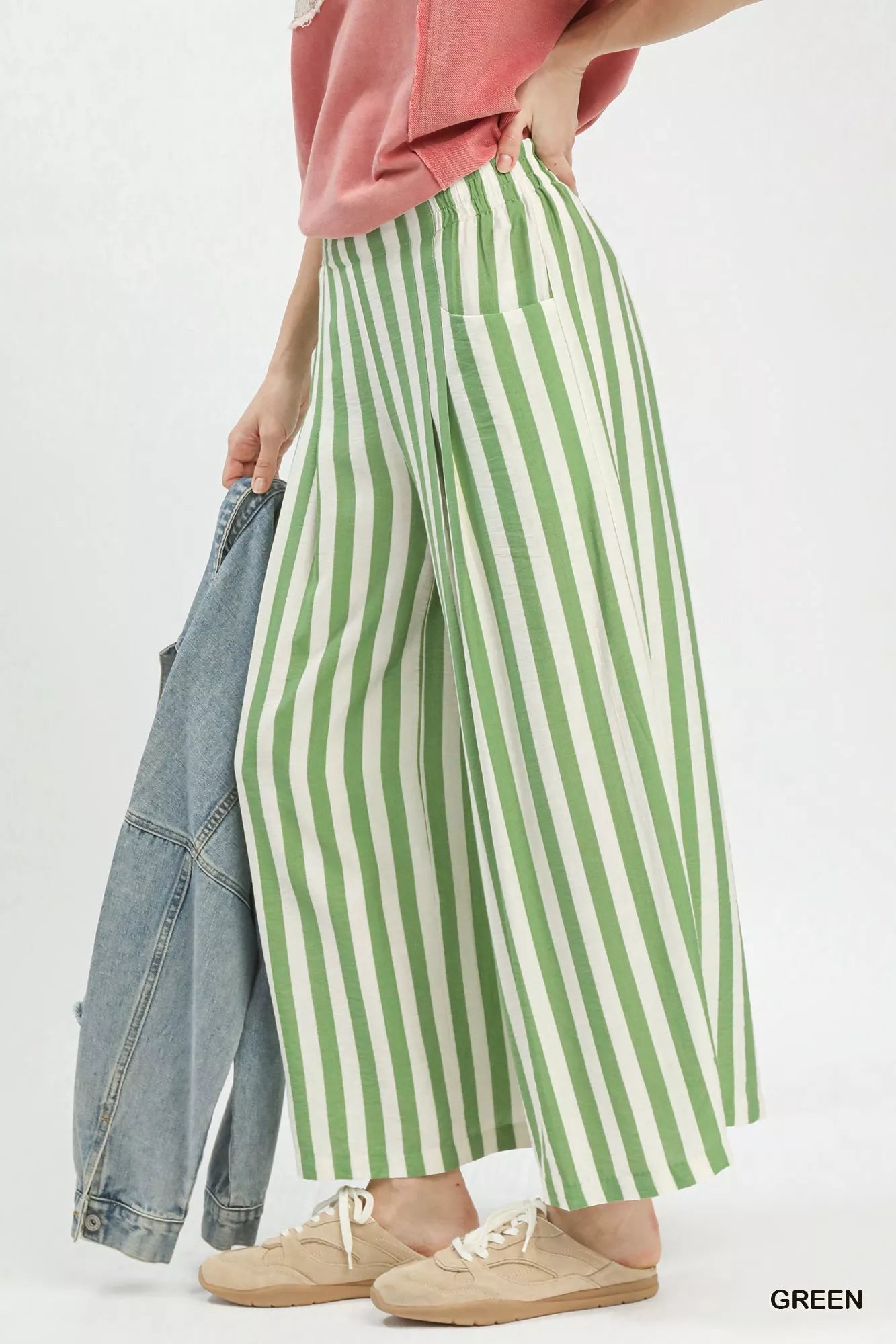 Green and white vertically striped Umgee wide-leg pants