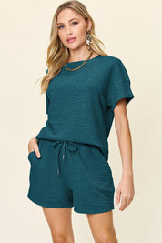Double Take Full Size Texture Short Sleeve T-Shirt and Drawstring Shorts Set | Outfit Sets Daverri Fashions