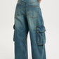Vintage Wash Wide Leg Cargo Jeans in medium-wash blue with flap pockets