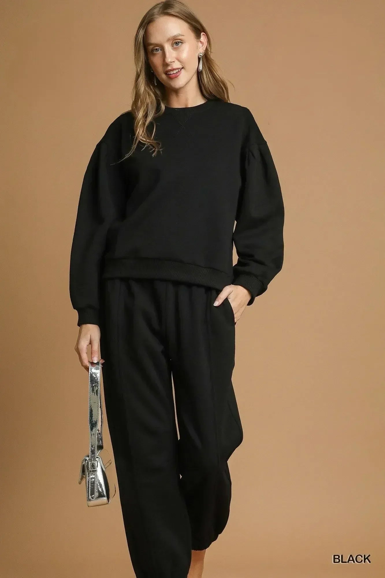 Umgee Round Neck Sweatshirt with Pleated Detail - DAVERRI FASHIONS