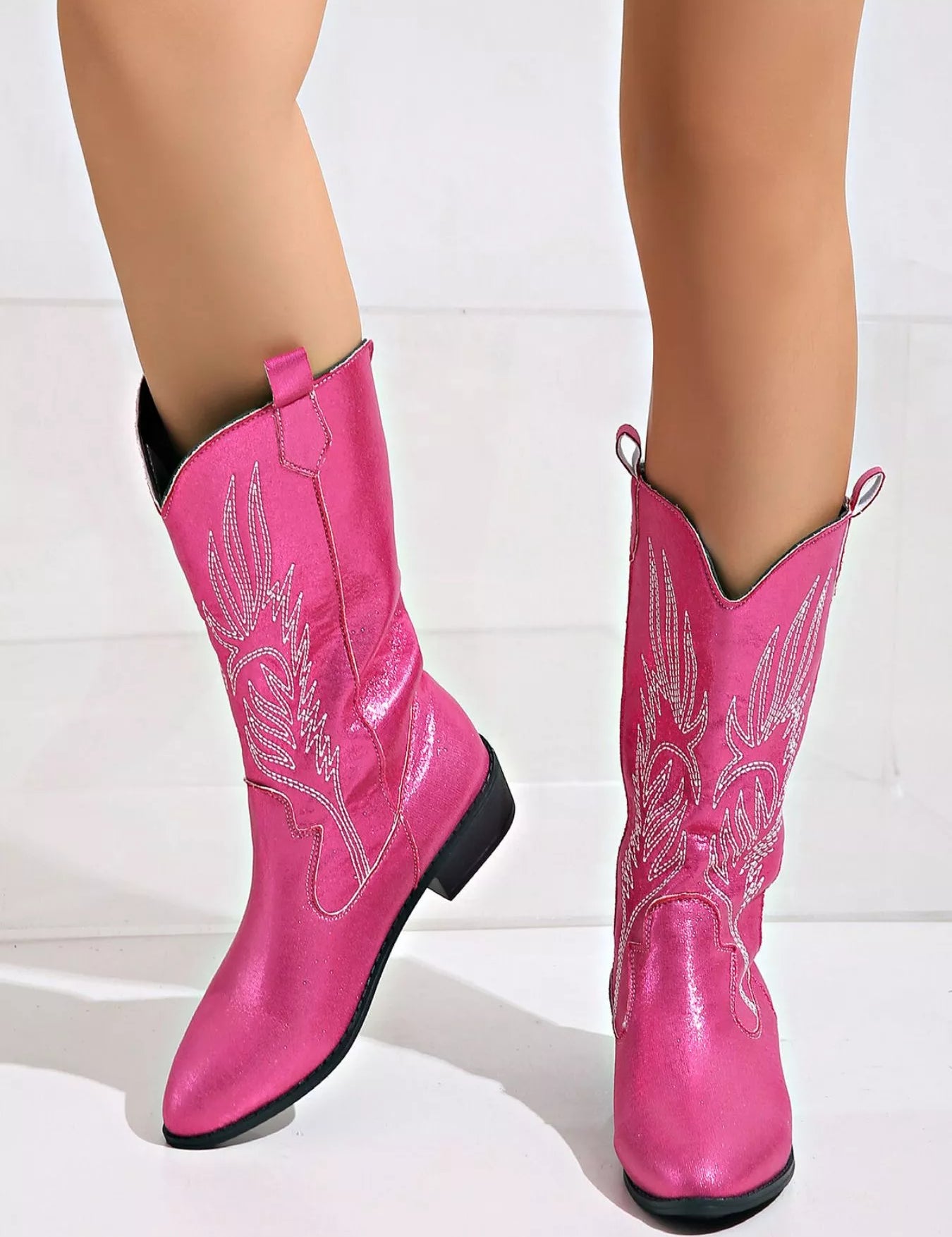 Hot Pink Embroidered Block Heels Boots | Boots Daverri Fashions