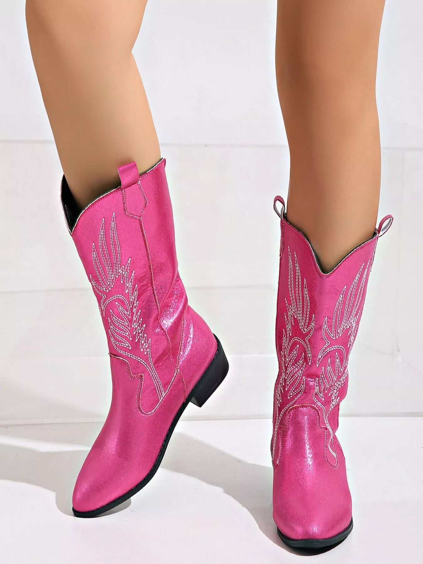 Hot Pink Embroidered Block Heels Boots | Boots Daverri Fashions
