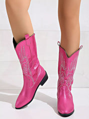Hot Pink Embroidered Block Heels Boots | Boots Daverri Fashions