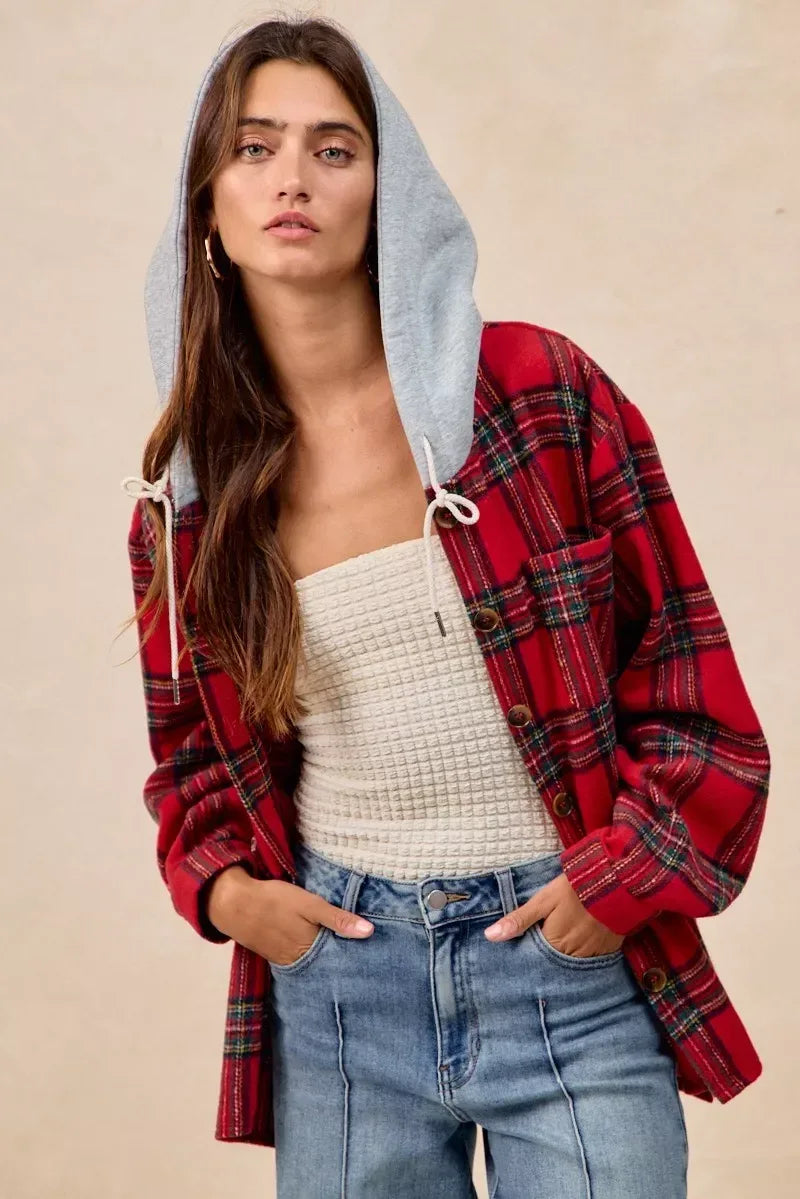 BiBi Brushed Plaid Hooded Jacket - DAVERRI FASHIONS