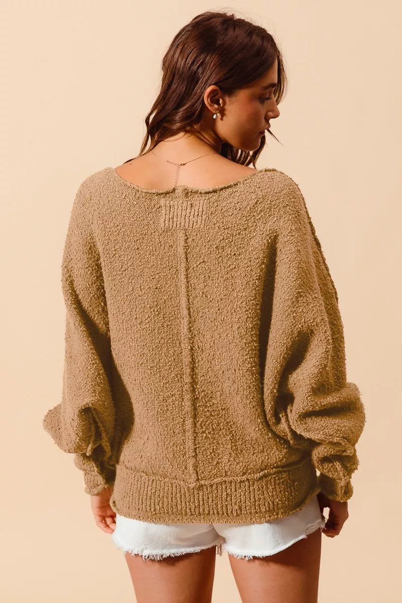 SO ME Loose Fit Exposed Seam Slouchy Boucle Sweater Taupe | Sweaters Daverri Fashions