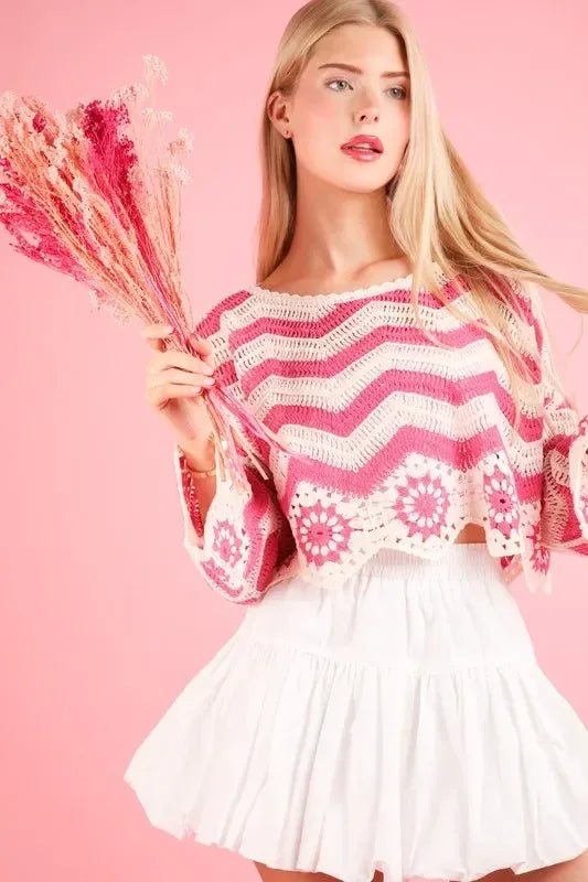 VERY J Chevron/Floral Pattern Crochet Knit Top - DAVERRI FASHIONS