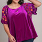 Umgee Full Size Velvet Embroidery Short Sleeve Blouse Blouses