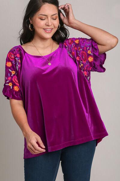 Umgee Full Size Velvet Embroidery Short Sleeve Blouse Blouses