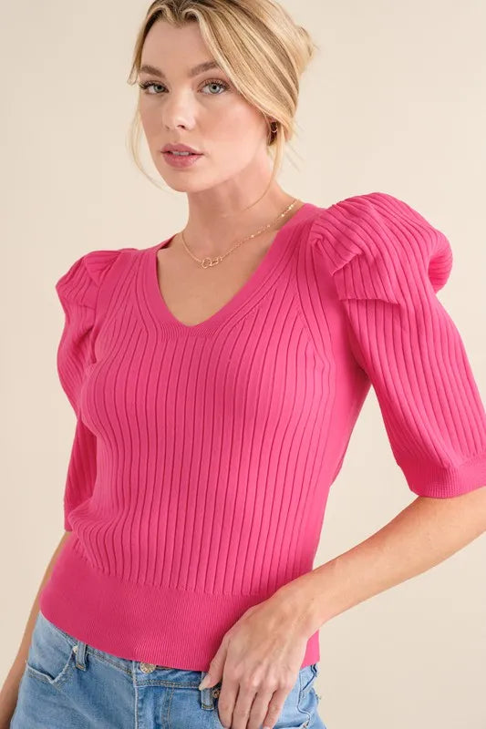 And The Why Puffed Half Sleeve Rib Basic Top Tops