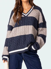 Striped Cable Knit V-Neck Sweater | Sweaters Daverri Fashions