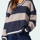 Striped Cable Knit V-Neck Sweater - DAVERRI FASHIONS