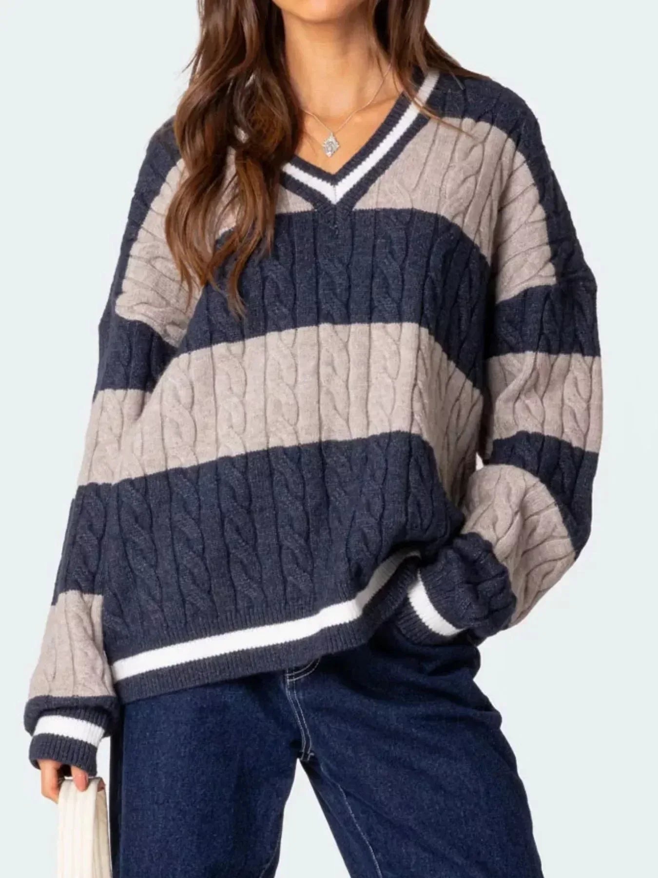 Striped Cable Knit V-Neck Sweater - DAVERRI FASHIONS