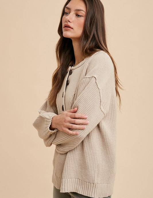 Annie Wear Half Button Ribbed Hem Sweater