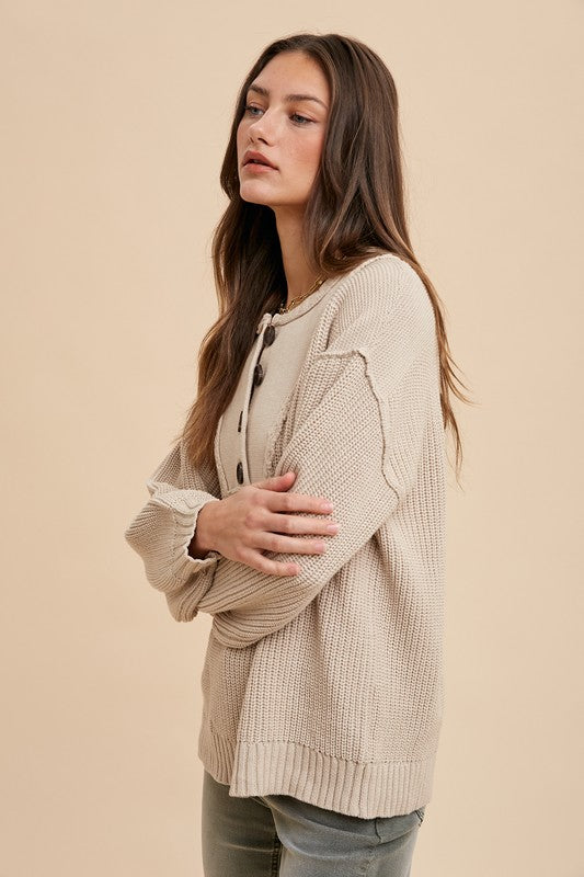 Annie Wear Half Button Ribbed Hem Sweater Sweaters