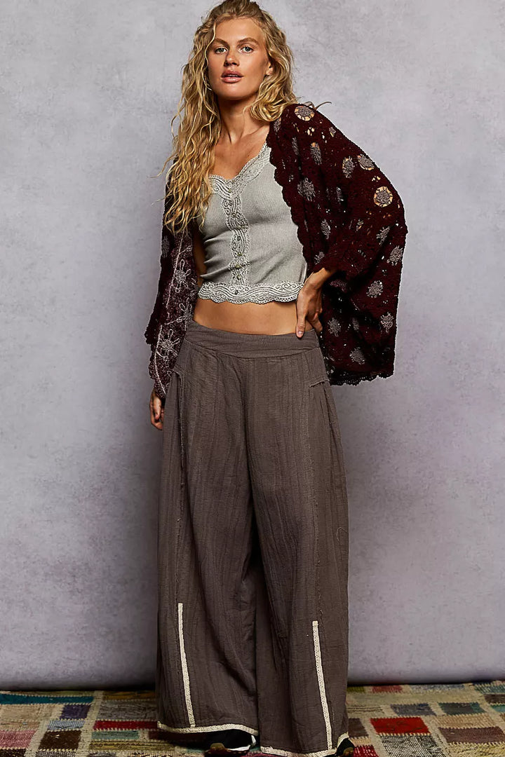 POL Openwork V-Neck Chenille Cardigan with Contrast Floral Burgundy Grey | Cardigans Daverri Fashions