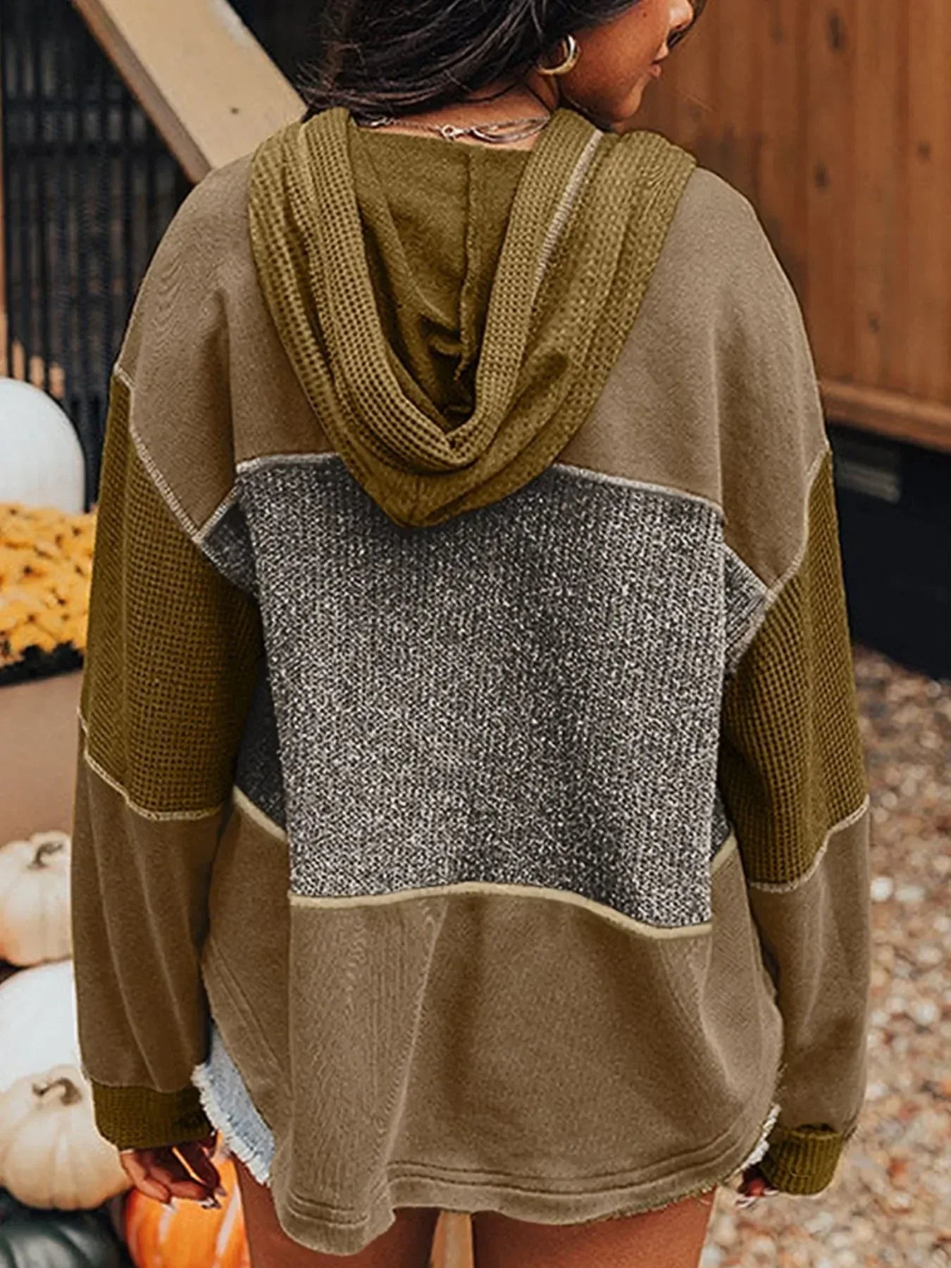 Mixed Texture Patchwork Exposed Seam Half Button Hoodie - DAVERRI FASHIONS