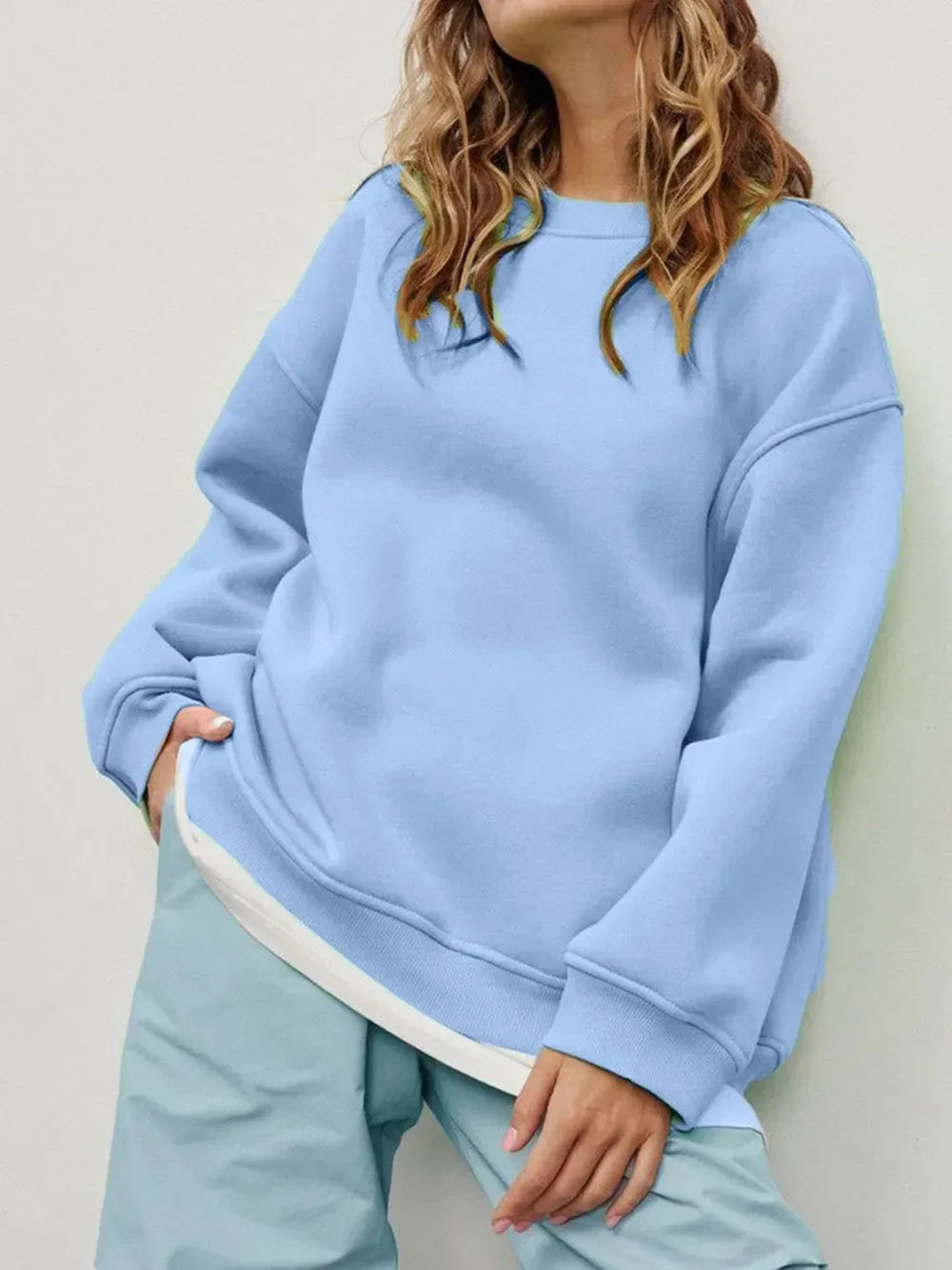 Round Neck Dropped Shoulder Long Sleeve Sweatshirt - DAVERRI FASHIONS