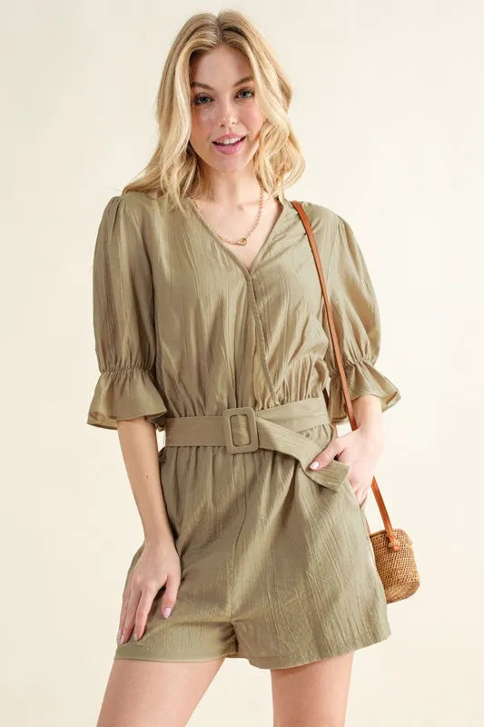 And The Why Flounce Sleeves Romper with Belt DK HEMP Rompers