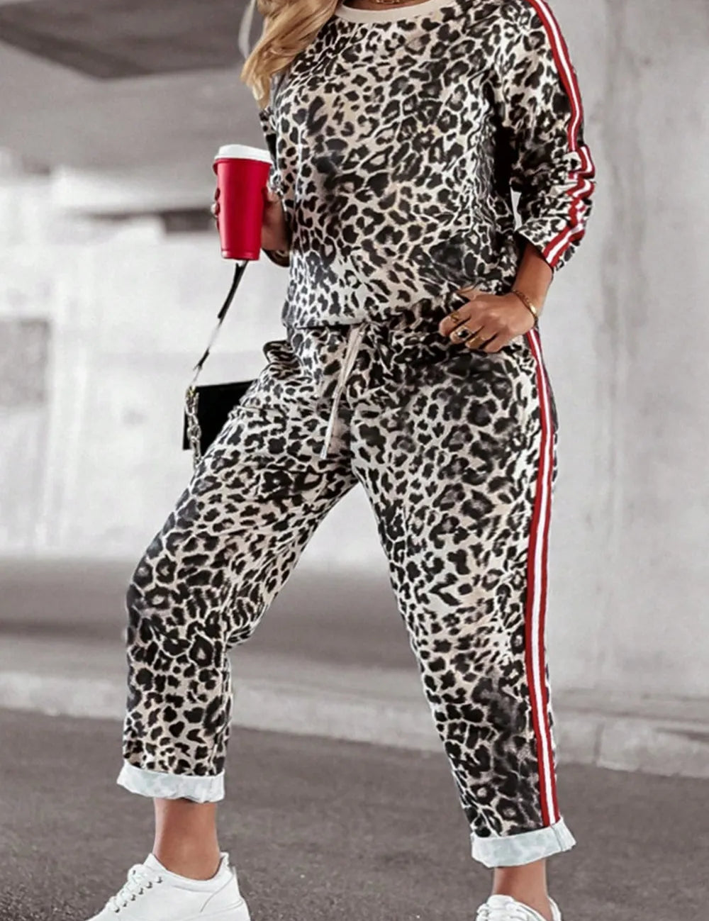 Plus Size Leopard Round Neck Top and Pants Set | Loungewear Sets Daverri Fashions
