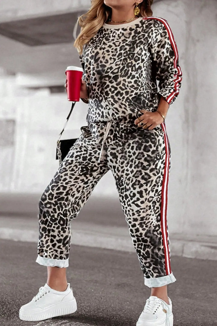 Plus Size Leopard Round Neck Top and Pants Set | Loungewear Sets Daverri Fashions