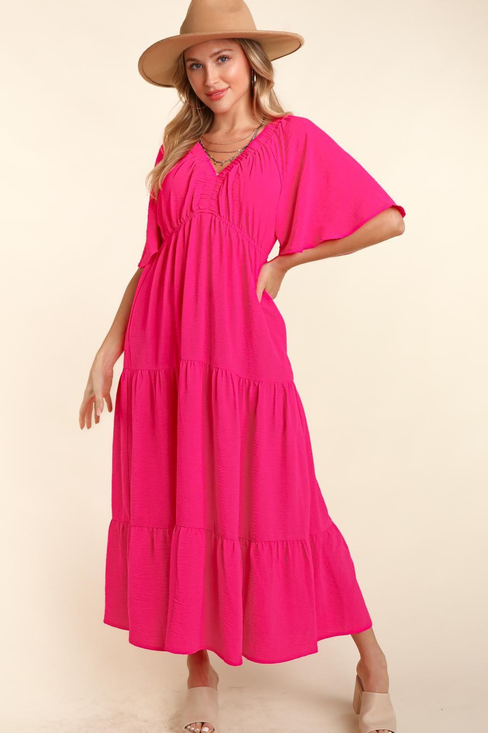 Haptics Tiered Babydoll Maxi Dress with Side Pocket Hot Pink Maxi Dresses