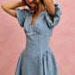 SO ME bubble sleeves light blue denim fit and flare mini dress