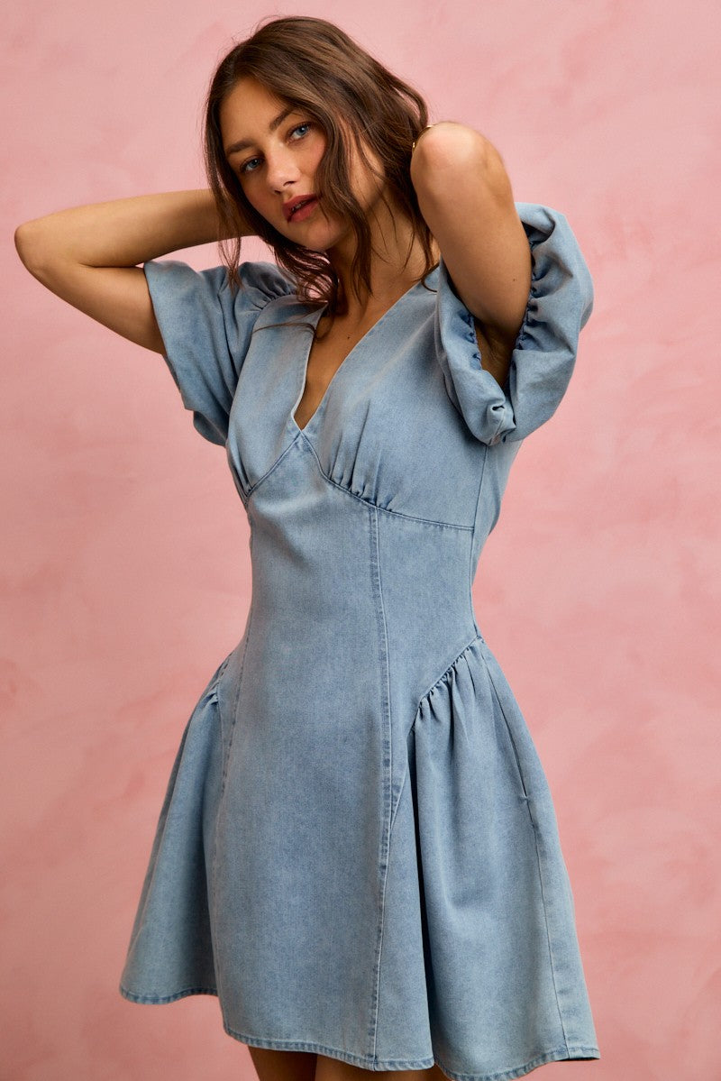 SO ME bubble sleeves light blue denim fit and flare mini dress