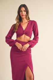 MABLE Front Twisted Knit Top and Midi Skirt Set | Outfit Sets Daverri Fashions