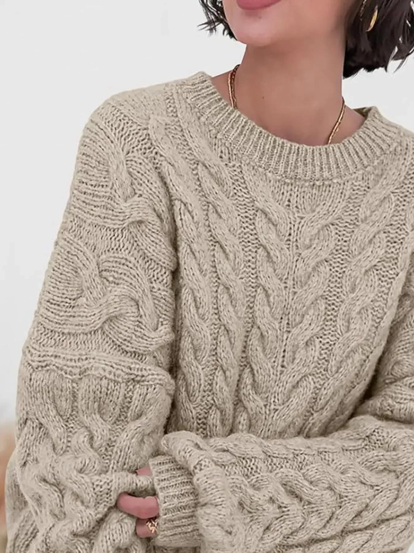 Cable Knit Long Sleeve Sweater - DAVERRI FASHIONS