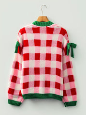 Checkered bow-tie sleeve plaid Christmas cardigan with green accents