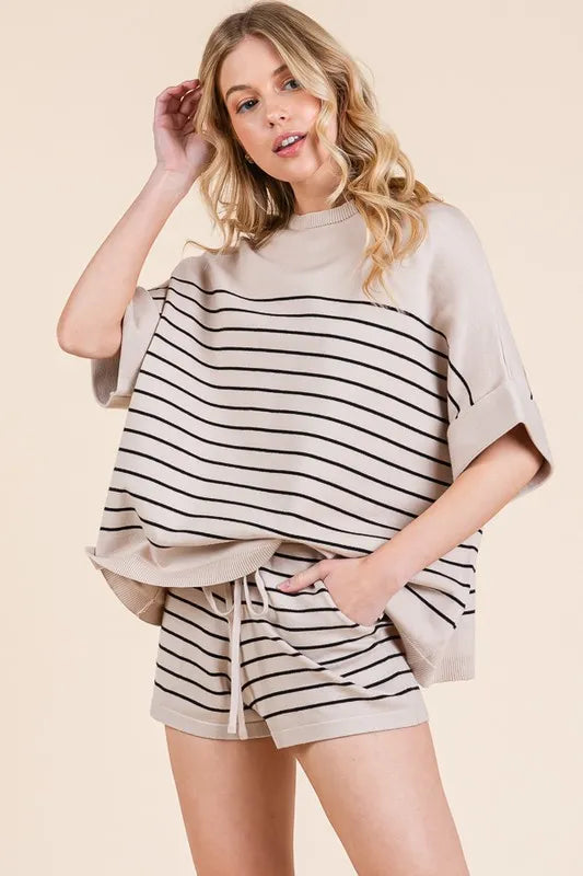 Lime 'N' Chili Striped Folded Half Sleeve Top and Shorts Set