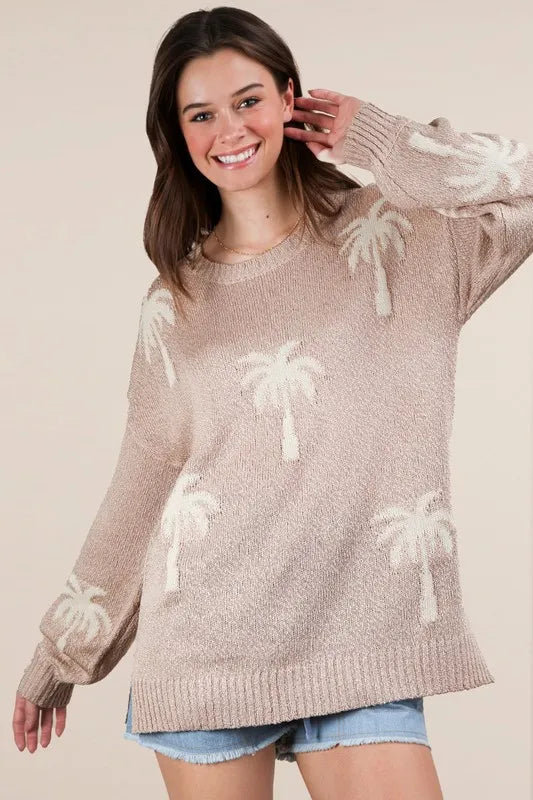 VERY J Palm Tree Graphic Oversized Knit Sweater Sweaters