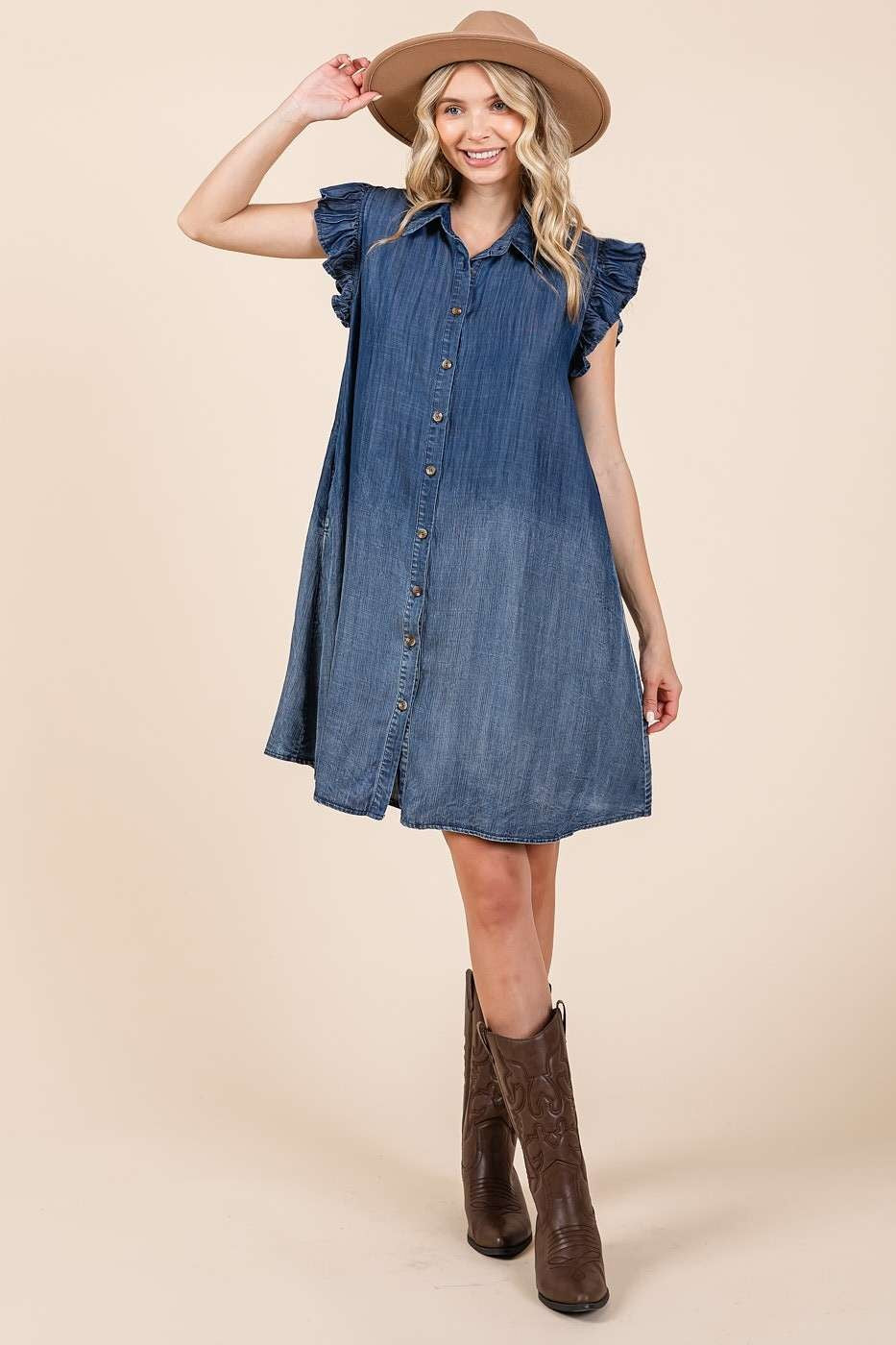 Mittoshop Washed Chambray Ruffle Sleeve Buttoned Mini Dress Mini Dresses