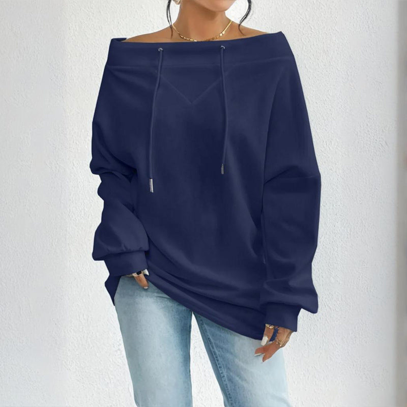 Navy Blue Boatneck Off-Shoulder Long Sleeve Top Plus Size | Tops Daverri Fashions