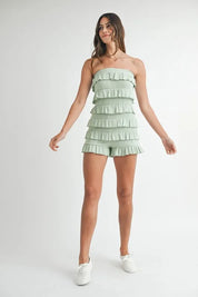 MABLE Pointelle Knit Fabric Ruffled Tube Romper | Rompers Daverri Fashions