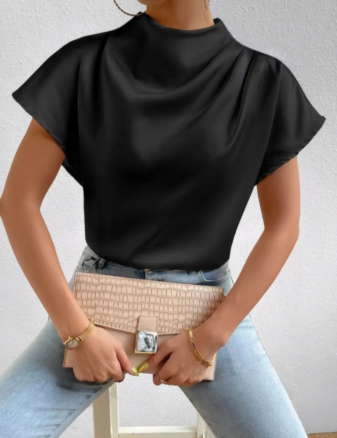 Mock Neck Short Sleeve Blouse | Blouses Daverri Fashions