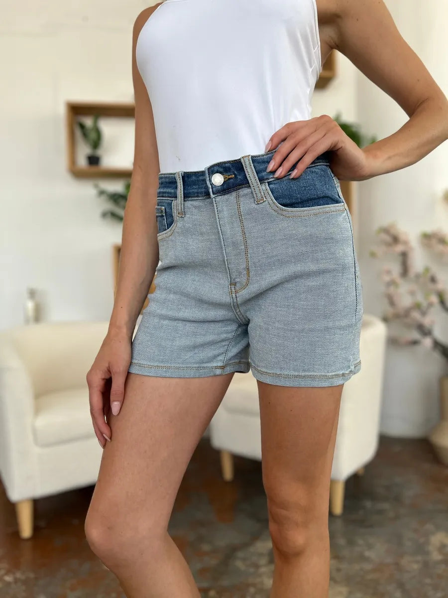 Judy Blue full size color block light wash denim shorts front
