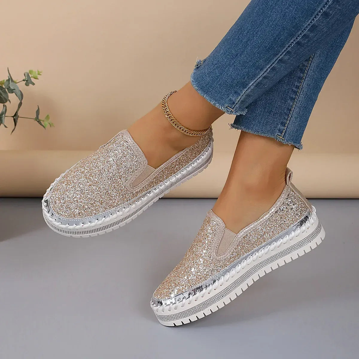 Rhinestone Round Toe Platform Loafers - DAVERRI FASHIONS