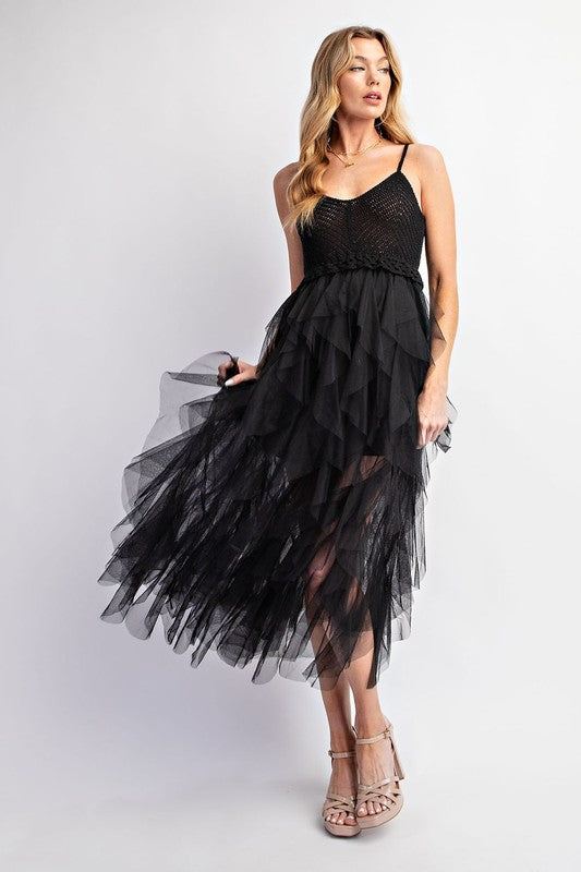Lovely Tulle Midi Crochet Dress Black Midi Dresses