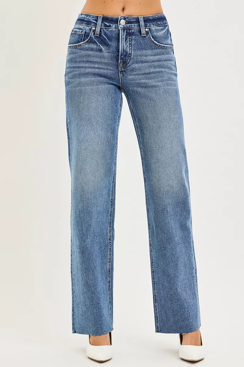 RISEN Tummy Control mid-rise straight blue denim jeans with frayed hems